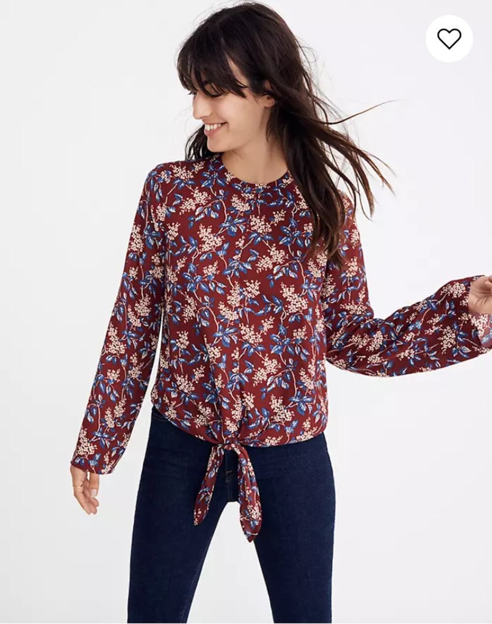 MADEWELL Maroon Bell-Sleeve Tie Front Blouse in Antique Flora // M